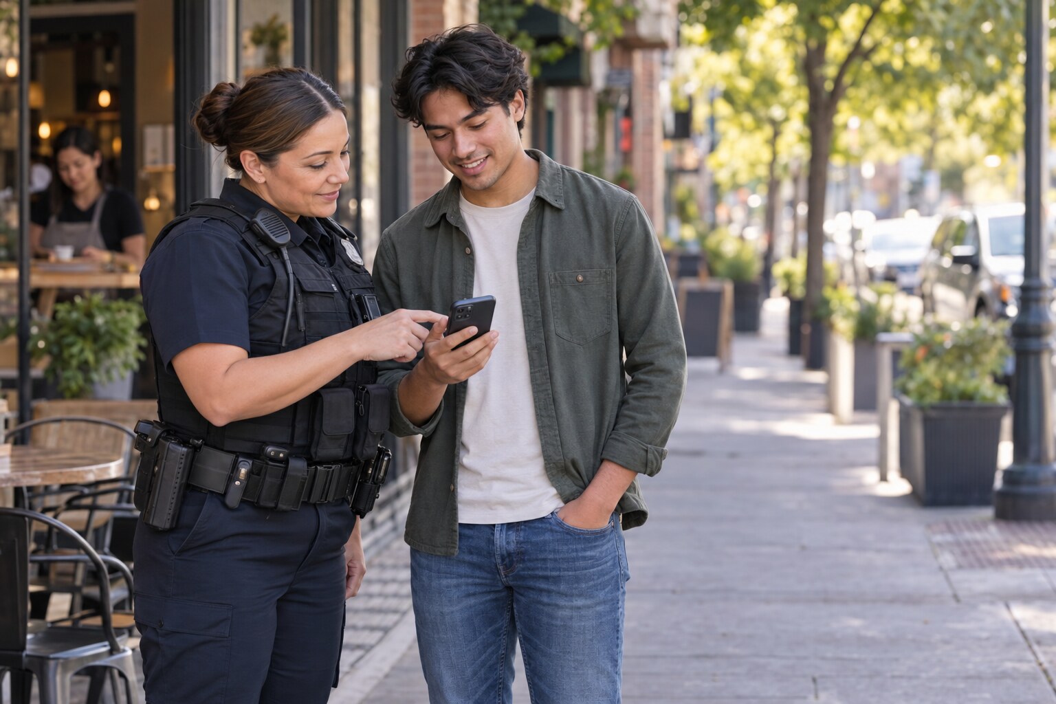 A police officer and resident calmly reviewing information on a phone outside a neighborhood cafe