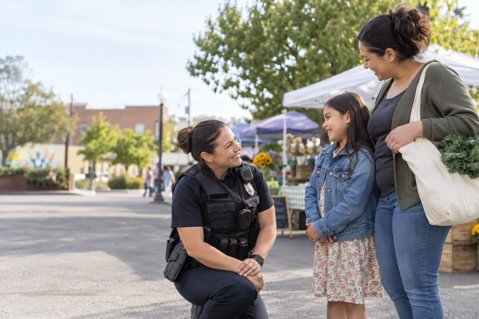 A community police officer having a friendly conversation with a parent and child at a neighborhood gathering