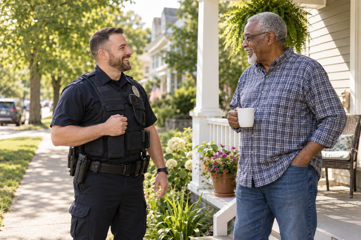 A community police officer warmly greeting an older resident outside his home